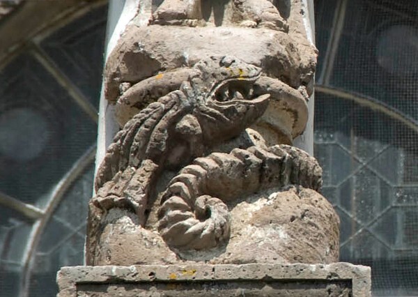 S. wall (later addition) sculpture detail - San Pablo, façade, portería & convento