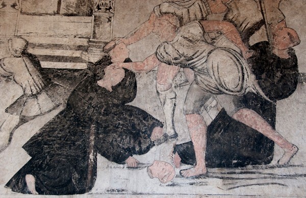 W wall, friars beheaded, detail - San Miguel Arcángel, cloister with murals