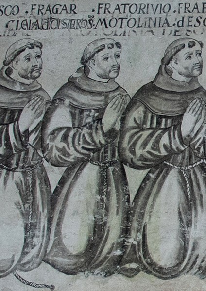 Portal mural (detail, left): three friars - San Miguel Arcángel, sala de profundis murals