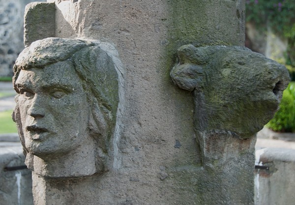 Atrial cross, base, Evangelists tetramorph, SS Matthew & Luke - San Jacinto de San Angel