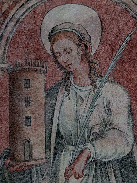 S arcade pier mural, detail - San Juan Bautista, lower cloister walk, S & W arcades, pier murals