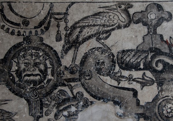 Dado mural detail, egret & lion's head - Lower cloister walk