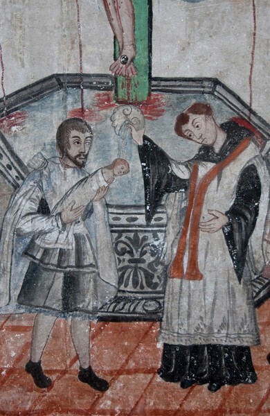 San Miguel Arcángel, baptistery mural, Crucifixion, detail - Xometla, México