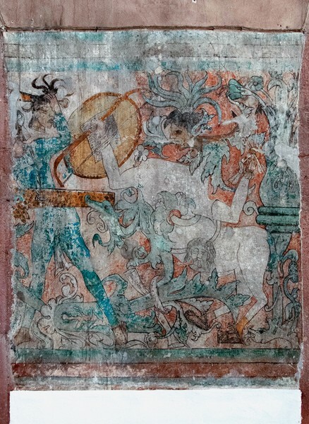 Ixmiquilpan, Hidalgo, San Miguel Arcángel, South nave mural, centaur  - Battle scene