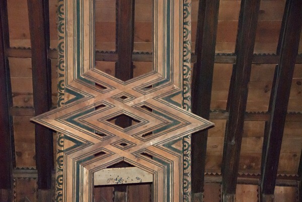 Sotocoro, crossbeam, arabesque detail - La Asunción de Nuestra Señora, atrio, portería, and nave & choir ceilings