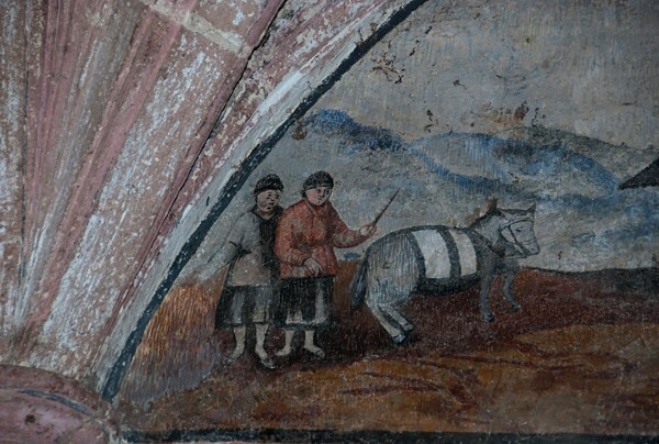 Santiago, lower cloister walk terstera lunette, Abraham & Isaac, close - Copándaro, Michoacán