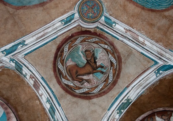 Webbing painting: Evangelist tetramorph, St. Luke - Tecamachalco, Puebla, La Asunción de Nuestra Señora, sotocoro