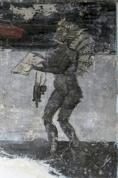 Anteportería mural closeup, Devil porter - San Miguel Arcángel, cloister with murals