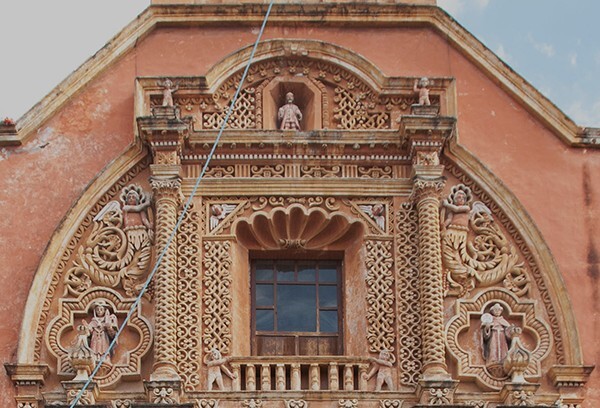 16_Atlixco, Puebla, Tercera Orden, upper façade & choir loft window+ - Façade, lateral portal & sacristy door