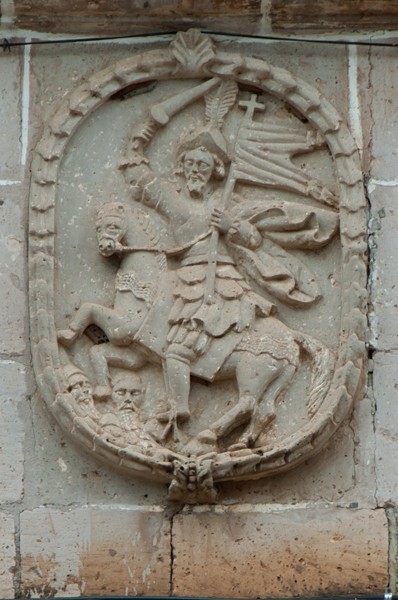 Santiago Apóstol, façade, main portal, architrave relief - Capula, Michoacán