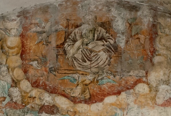 Lower cloister walk, NE testera lunette, mural detail - Santo Domingo