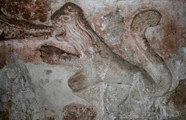 Sacristy arch pillar relief, lion - La Merced, sacristy arch, pillar & murals