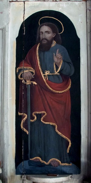 Santiago, nave Crucifixion altar, lower right painting, St. Paul - Zoochila, Oaxaca