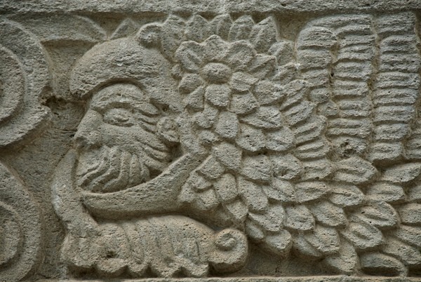 Casa Aguilas, main portal, right impost relief, closeup - Cholula, Puebla