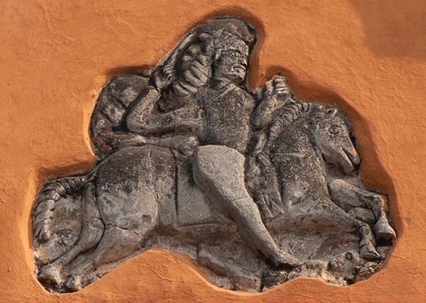Tepalcatlalpan, D.F., Santiago, gable relief, St. James the Moorslayer - The Seventeenth Century: Great Cathedrals and the Rise of a Popular Baroque