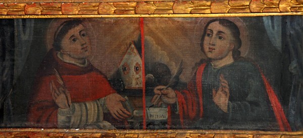 La Candelaria, high altar predella left, SS Ambrose & John Evangelist - San Felipe de los Alzati, Michoacán