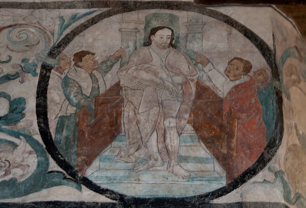 S nave wall, mural frieze roundel, Judgment of Christ - San Francisco, Nave