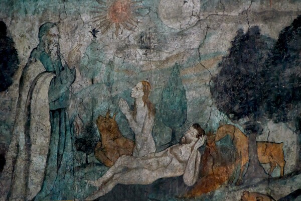 Santa María, presbytery mural, God's Creation of Eve from Adam - Santa María, presbytery & choir loft murals
