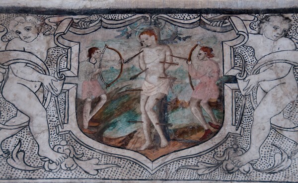 St. Sebastian - San Juan Evangelista, lower cloister walk, frieze mural cartouches
