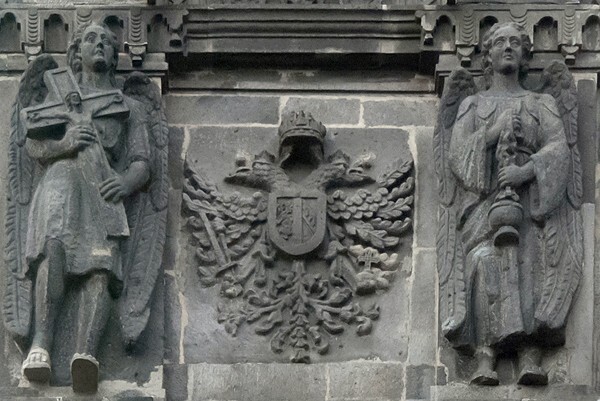 Bell-tower detail, Passion Angels with bicephalous Hapsburg Eagle - East (main) & South façades
