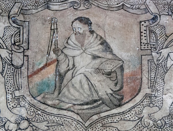 Friar with pincers - San Juan Evangelista, lower cloister walk, frieze mural cartouches