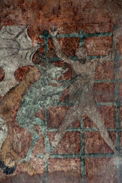 Santa María, N wall mural, Damnation, Devils flaying sinner on grill - Santa María, North nave wall murals