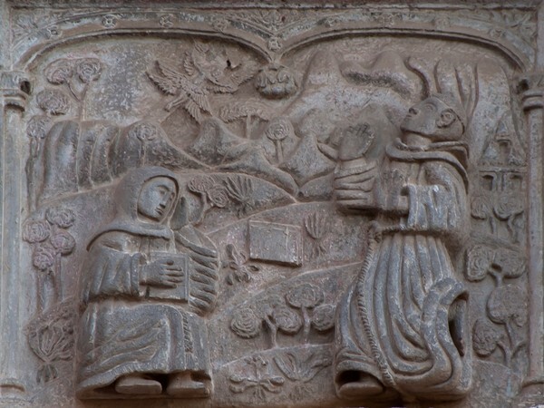 Façade alfiz relief, Seraphic Vision, St. Francis & Brother Leo - San Francisco, façade, portería, cloister & murals