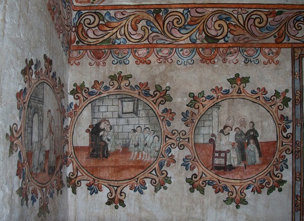 San Miguel Arcángel, baptistery mural, Augustinian scenes - Xometla, México
