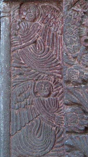 Santo Tomás, façade portal, right pilaster seraphim - Santo Tomás Tetliztaca, Hidalgo