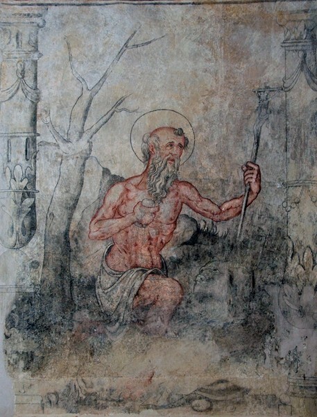 Lower cloister walk, N wall mural - San Juan Bautista, facade, convento, cloister & lower walk murals