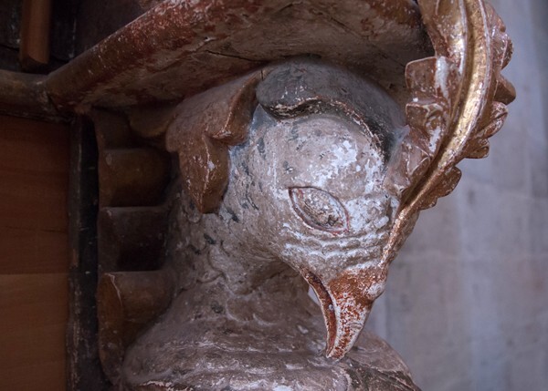 Santo Domingo, nave San José retablo pier base, heron detail - Yanhuitlán, Oaxaca