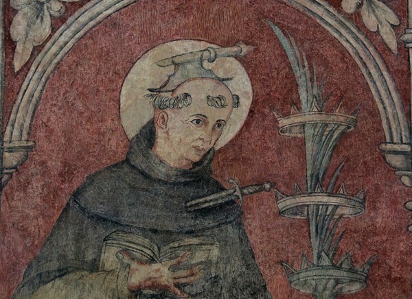 N arcade pier mural, detail - San Juan Bautista, lower cloister walk, N & E arcades, pier murals