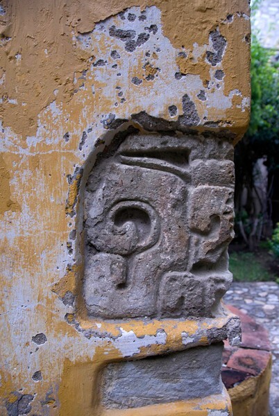 San Pablo, cloister fountain, pre-Hispanic embedded stone - Huitzo, Oaxaca