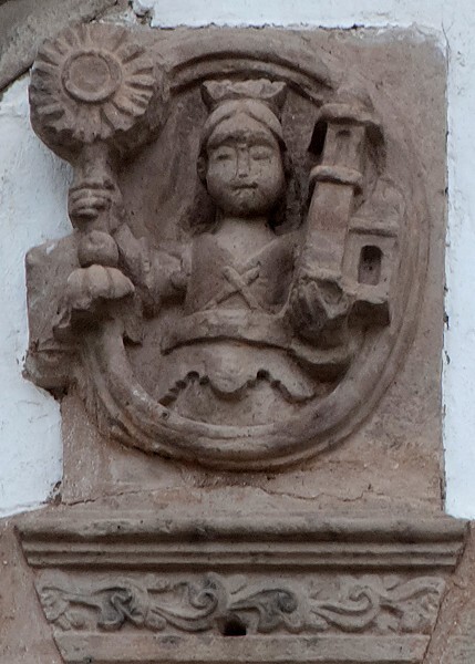 San Andrés, façade portal, pediment relief, St. Barbara - Chiautla, México