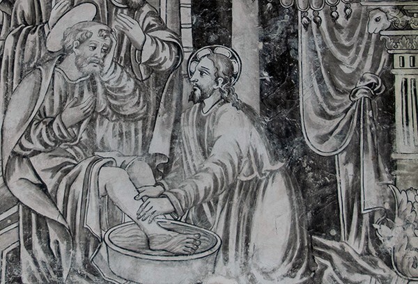 S wall mural, Christ washing the feet of the Apostles, detaiil - San Miguel Arcángel, sala de profundis murals