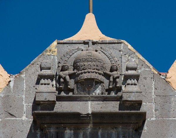 San Ildefonso, façade gable relief, Papal tiara - Hueyotlipan, Tlaxcala