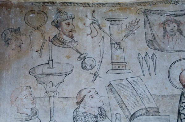 San Gabriel, upper cloister walk, Mass of St. Gregory, detail - San Gabriel, cloister with murals