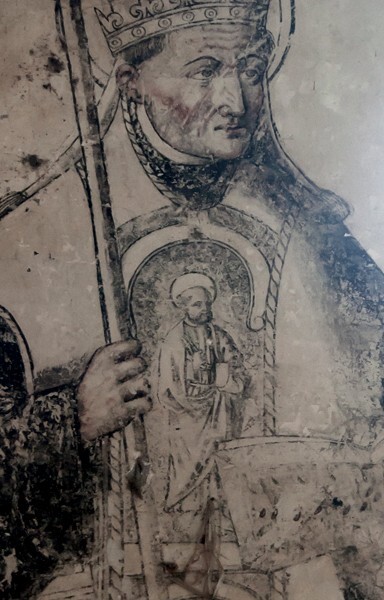 Cloister walk pillar mural detail, St Augustine revealing St. Peter - San Juan Bautista, nave, cloister & sala de profundis