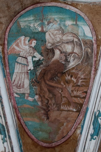 Webbing painting: Chaining of the Beast - Tecamachalco, Puebla, La Asunción de Nuestra Señora, sotocoro