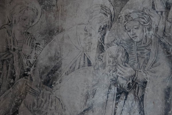 Sala profundis, S wall mural, Lamentation, detail - San Andrés, grisaille murals: baptistry, sala profundis & refectory