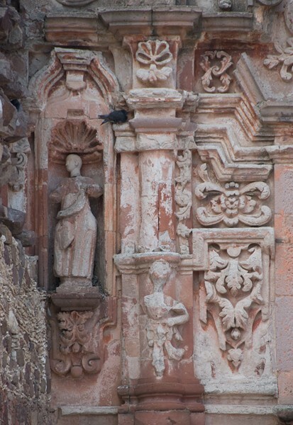 San Matías, façade, second story sculpture niche & relief (left) - Pinos, Zacatecas