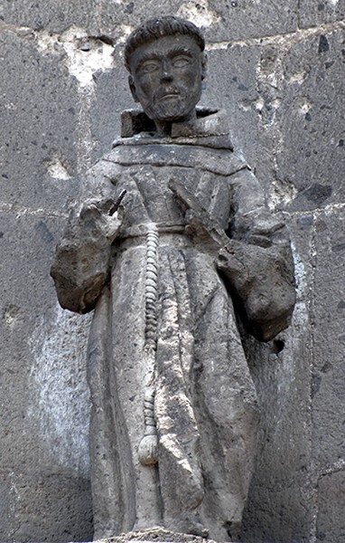 Porciúncula door, second story niche sculpture, St. Francis - Santiago