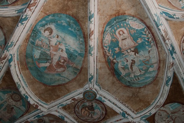 Webbing paintings: Jacob's Ladder (L); God Enthroned with Apostles - Tecamachalco, Puebla, La Asunción de Nuestra Señora, sotocoro
