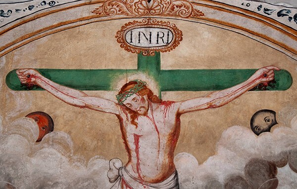 México, San Miguel Arcángel, sacristy mural detail, Crucifixion - Xometla, México