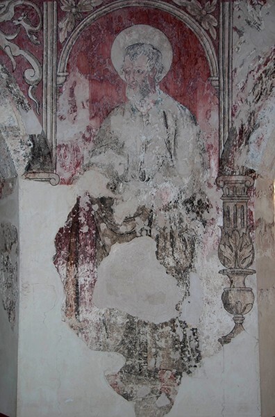 E arcade pier mural - San Juan Bautista, lower cloister walk, N & E arcades, pier murals