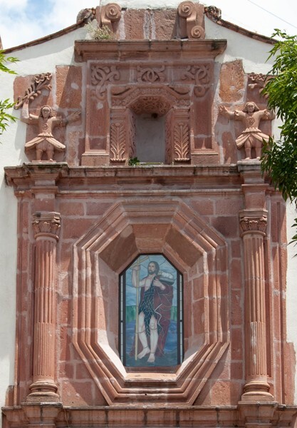 San Juan Bautista, façade, choir loft window & gable - Maravatío, Michoacán