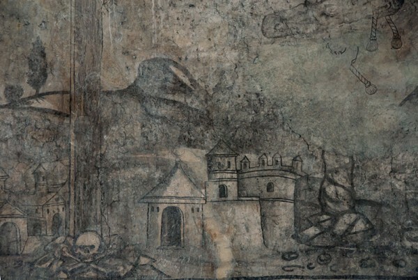 Santa María, choir loft, grisaille Golgotha mural, detail, Jerusalem - Santa María, presbytery & choir loft murals