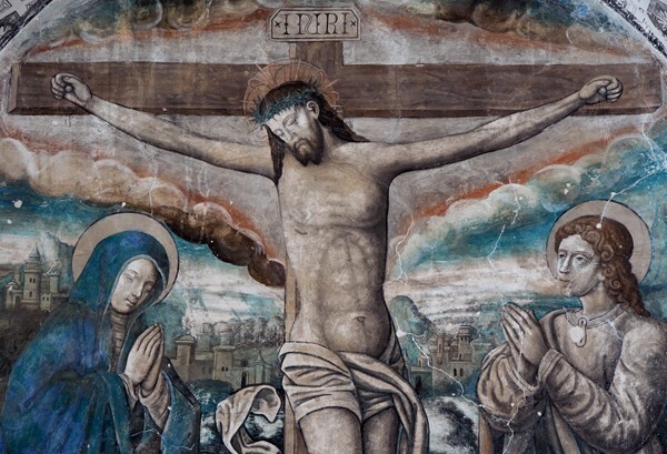Lower cloister walk, SW testera, Crucifixion, detail - San Andrés, cloister with murals