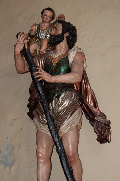 Nave sculpture, St. Christopher (by Cora family members) - Cupola, sanctuary, transepts & sotocoro