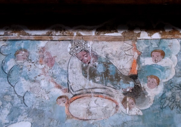 Capilla abierta, S wall mural, Christ's Baptism detail, God the Father - San Esteban, capilla abierta